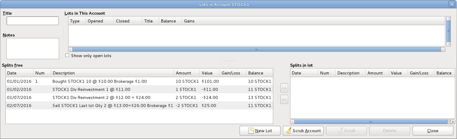 Example of Lots in Account window before lot scrubbing