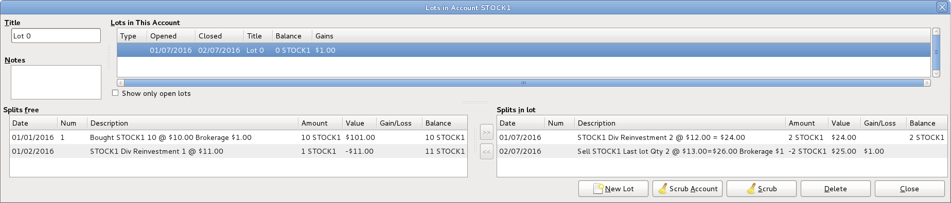 Example of Lots in Account window before scrubbing a single lot