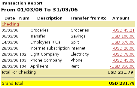 Transaction Report for the Checking account during March
