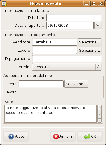 Finestra per la creazione di una nuova ricevuta