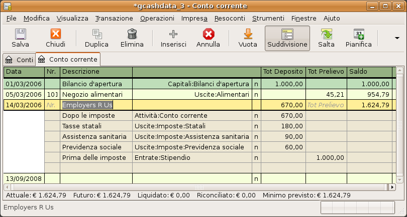 Registro del conto - suddivisione di una transazione