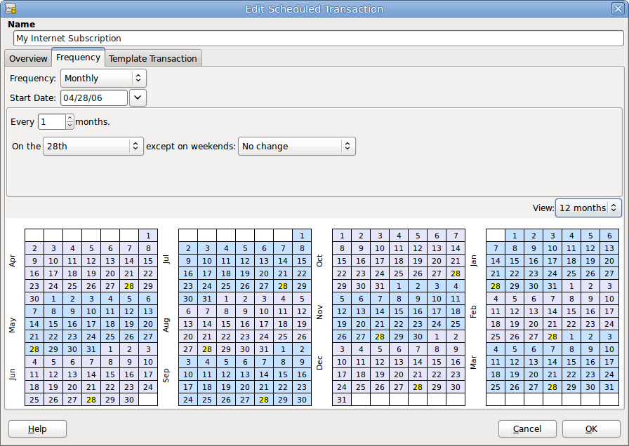 Edit Scheduled Transaction window, Frequency tab