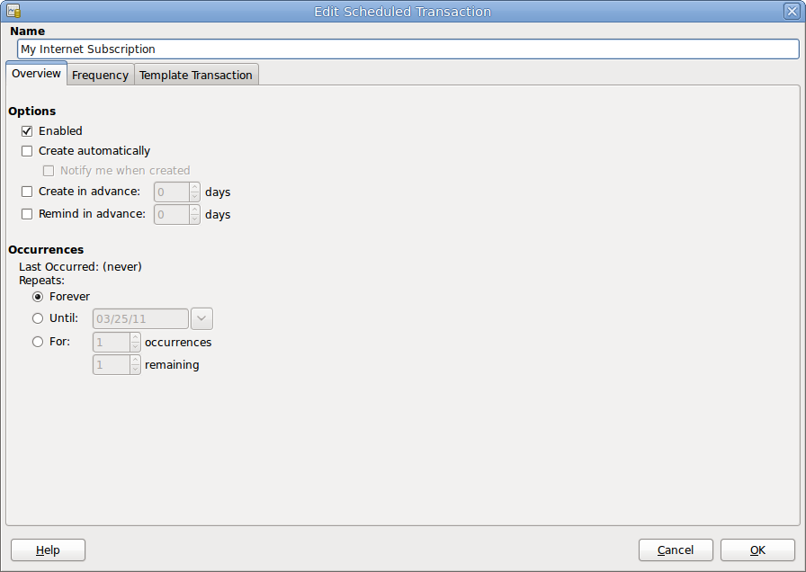 Edit Scheduled Transaction window, Overview tab