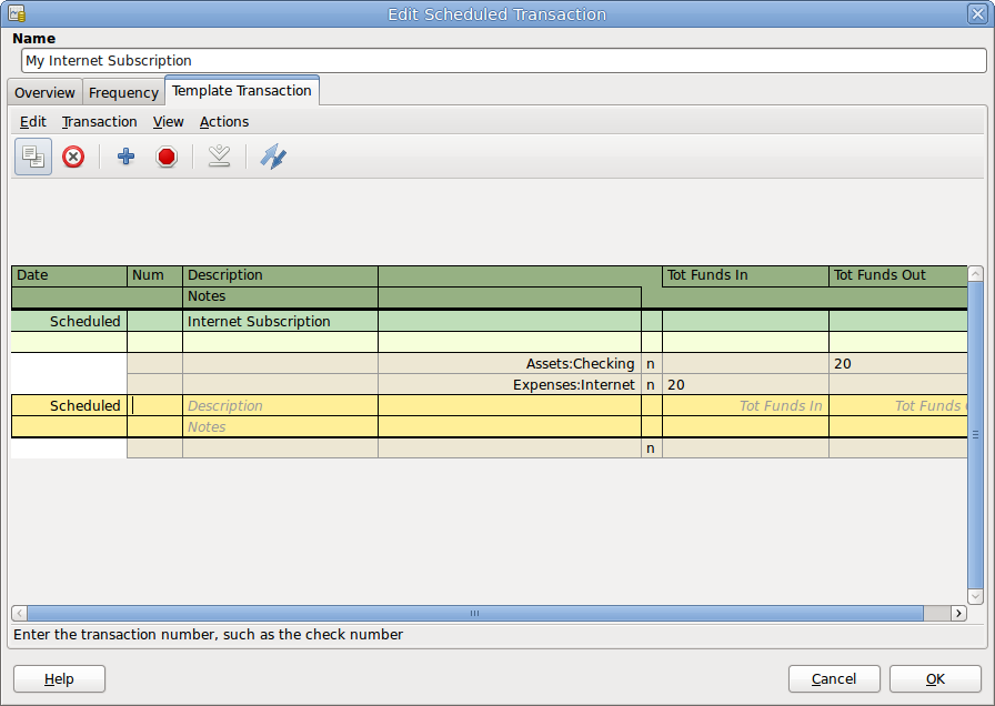 Edit Scheduled Transaction window, Template Transaction tab